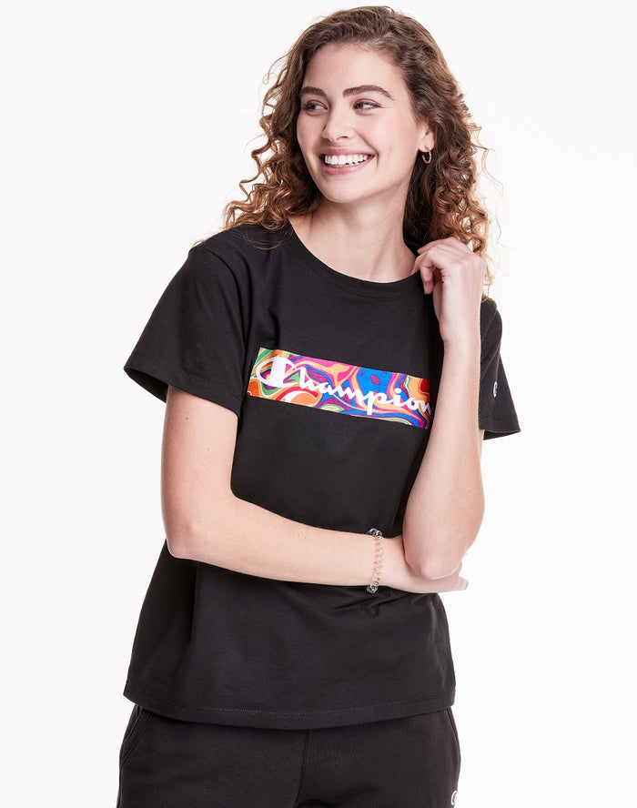 Champion Womens T-Shirt NZ - Classic Jersey Liquid Filled Block With Script Logo Black ( 5497-DTRFM